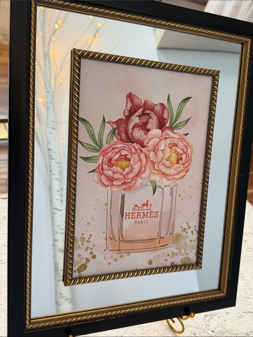 Hermes NWOT wood frame black/gold 12“ x 15“ art decor picture.pink flowers